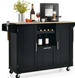 Desserte de Cuisine à Roulettes 130x74x90CM avec Plateau Pliable Porte Bouteilles 2 Armoires à Portes Poignée Noir