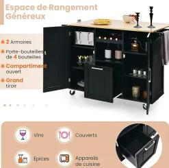 Desserte de Cuisine à Roulettes 130x74x90CM avec Plateau Pliable Porte Bouteilles 2 Armoires à Portes Poignée Noir