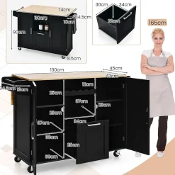 Desserte de Cuisine à Roulettes 130x74x90CM avec Plateau Pliable Porte Bouteilles 2 Armoires à Portes Poignée Noir
