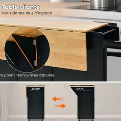 Desserte de Cuisine à Roulettes 130x74x90CM avec Plateau Pliable Porte Bouteilles 2 Armoires à Portes Poignée Noir