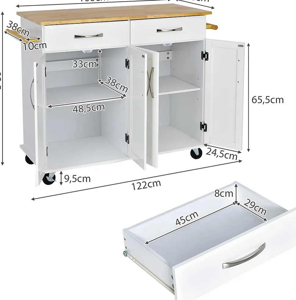 Desserte de Cuisine à Roulettes Verrouillables 2 Tiroirs 2 Porte Serviettes 2 Armoires à Double Porte Comptoir en Bois Blanc