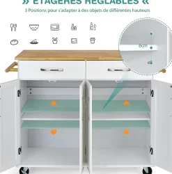 Desserte de Cuisine à Roulettes Verrouillables 2 Tiroirs 2 Porte Serviettes 2 Armoires à Double Porte Comptoir en Bois Blanc