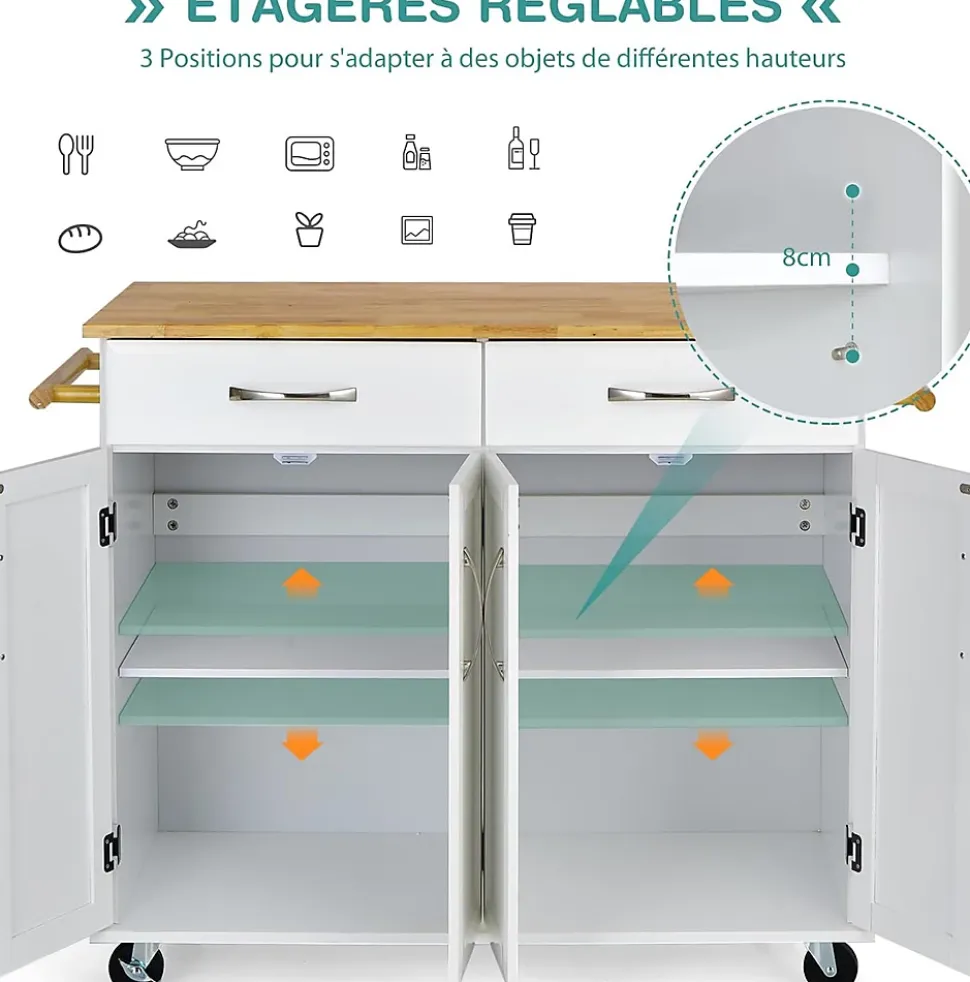 Desserte de Cuisine à Roulettes Verrouillables 2 Tiroirs 2 Porte Serviettes 2 Armoires à Double Porte Comptoir en Bois Blanc