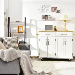 Desserte de Cuisine à Roulettes Verrouillables 2 Tiroirs 2 Porte Serviettes 2 Armoires à Double Porte Comptoir en Bois Blanc