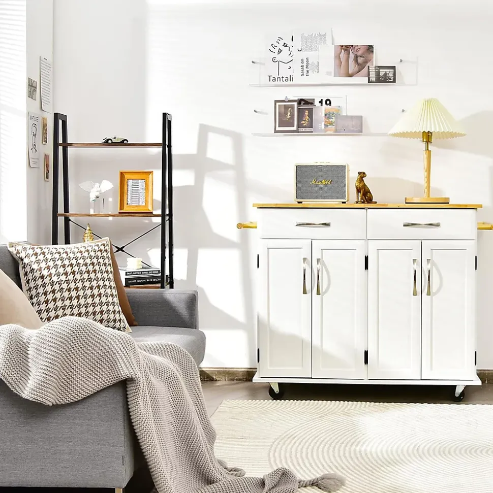 Desserte de Cuisine à Roulettes Verrouillables 2 Tiroirs 2 Porte Serviettes 2 Armoires à Double Porte Comptoir en Bois Blanc