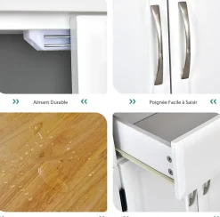 Desserte de Cuisine à Roulettes Verrouillables 2 Tiroirs 2 Porte Serviettes 2 Armoires à Double Porte Comptoir en Bois Blanc