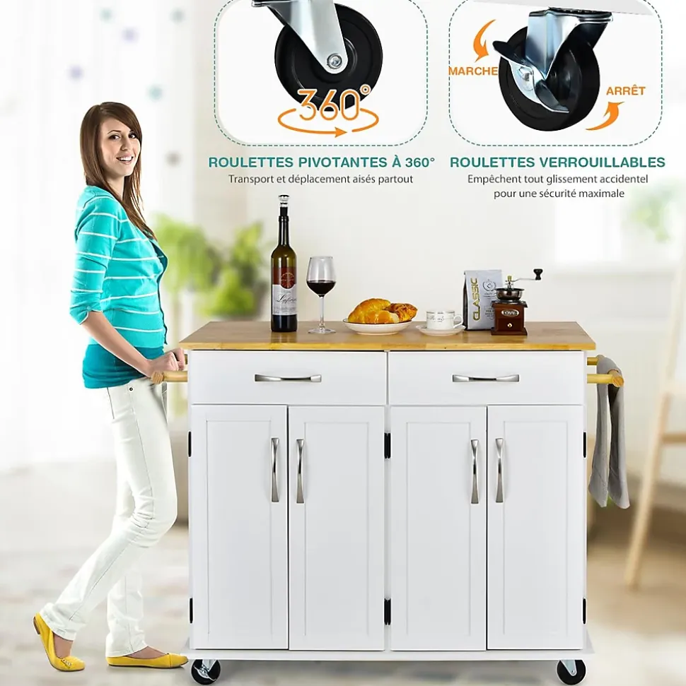 Desserte de Cuisine à Roulettes Verrouillables 2 Tiroirs 2 Porte Serviettes 2 Armoires à Double Porte Comptoir en Bois Blanc