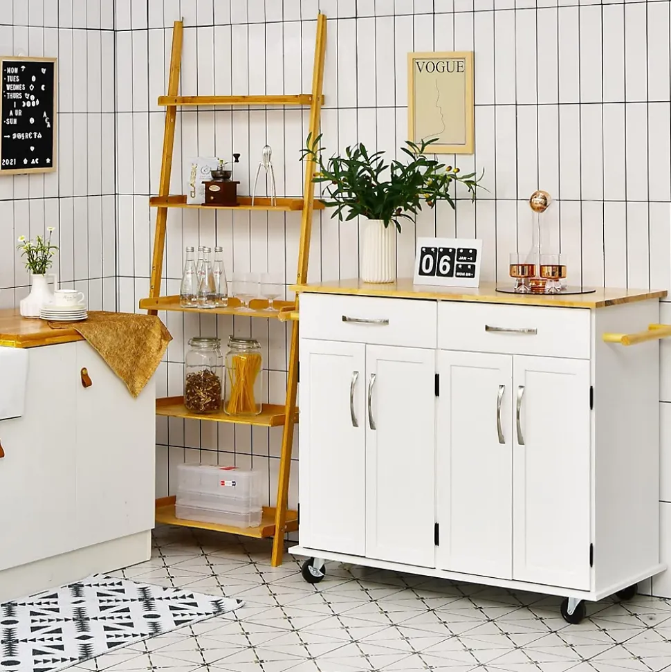 Desserte de Cuisine à Roulettes Verrouillables 2 Tiroirs 2 Porte Serviettes 2 Armoires à Double Porte Comptoir en Bois Blanc