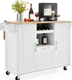 Desserte de Cuisine à Roulettes 130x74x90CM avec Plateau Pliable-Porte-Bouteilles/2 Armoires à Portes/Poignée Blanc