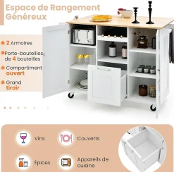 Desserte de Cuisine à Roulettes 130x74x90CM avec Plateau Pliable-Porte-Bouteilles/2 Armoires à Portes/Poignée Blanc
