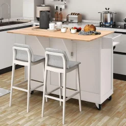 Desserte de Cuisine à Roulettes 130x74x90CM avec Plateau Pliable-Porte-Bouteilles/2 Armoires à Portes/Poignée Blanc