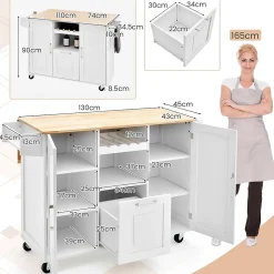Desserte de Cuisine à Roulettes 130x74x90CM avec Plateau Pliable-Porte-Bouteilles/2 Armoires à Portes/Poignée Blanc