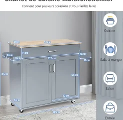 Desserte de Cuisine a roulettes avec 2 Etagere et 1 tiroirs Chariot de Rangemant en Bois avec Porte Serviettes