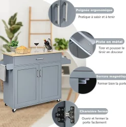 Desserte de Cuisine a roulettes avec 2 Etagere et 1 tiroirs Chariot de Rangemant en Bois avec Porte Serviettes