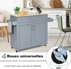 Desserte de Cuisine a roulettes avec 2 Etagere et 1 tiroirs Chariot de Rangemant en Bois avec Porte Serviettes