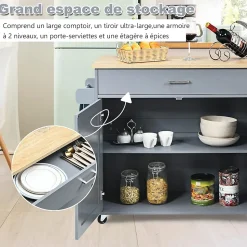 Desserte de Cuisine a roulettes avec 2 Etagere et 1 tiroirs Chariot de Rangemant en Bois avec Porte Serviettes