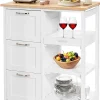 Desserte de Cuisine a roulettes avec 3 Tiroirs et 3 Niveaux Chariot de Cuisine en Bois avec 1 Plateau Amovible et Frein