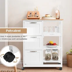 Desserte de Cuisine a roulettes avec 3 Tiroirs et 3 Niveaux Chariot de Cuisine en Bois avec 1 Plateau Amovible et Frein