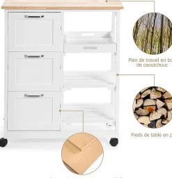 Desserte de Cuisine a roulettes avec 3 Tiroirs et 3 Niveaux Chariot de Cuisine en Bois avec 1 Plateau Amovible et Frein