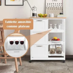 Desserte de Cuisine a roulettes avec 3 Tiroirs et 3 Niveaux Chariot de Cuisine en Bois avec 1 Plateau Amovible et Frein