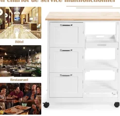 Desserte de Cuisine a roulettes avec 3 Tiroirs et 3 Niveaux Chariot de Cuisine en Bois avec 1 Plateau Amovible et Frein