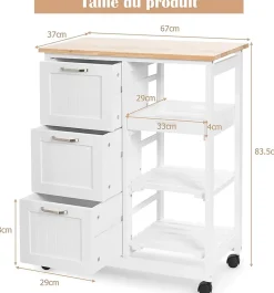 Desserte de Cuisine a roulettes avec 3 Tiroirs et 3 Niveaux Chariot de Cuisine en Bois avec 1 Plateau Amovible et Frein