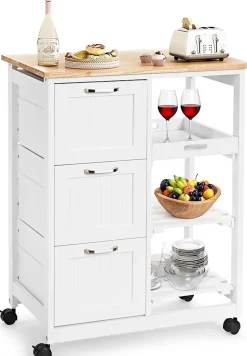 Desserte de Cuisine a roulettes avec 3 Tiroirs et 3 Niveaux Chariot de Cuisine en Bois avec 1 Plateau Amovible et Frein