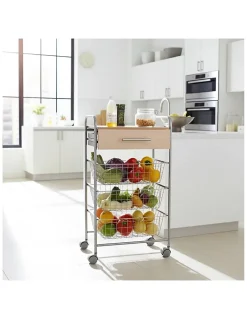 Desserte de cuisine ALESIA, 3 paniers, tiroir et plateau hêtre, Gris aluminium