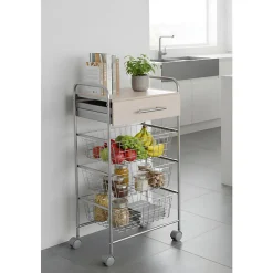 Desserte de cuisine ALESIA, 3 paniers, tiroir et plateau hêtre, Gris aluminium