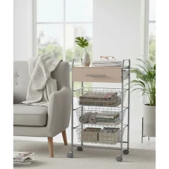 Desserte de cuisine ALESIA, 3 paniers, tiroir et plateau hêtre, Gris aluminium