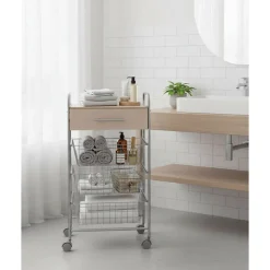 Desserte de cuisine ALESIA, 3 paniers, tiroir et plateau hêtre, Gris aluminium