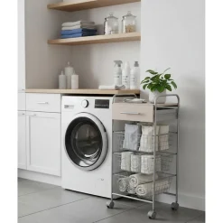 Desserte de cuisine ALESIA, 3 paniers, tiroir et plateau hêtre, Gris aluminium