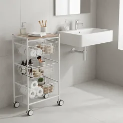 Desserte de cuisine AXO, 3 grands paniers coulissants, Blanc Hêtre