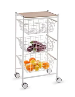 Desserte de cuisine AXO, 3 grands paniers coulissants, Blanc Hêtre