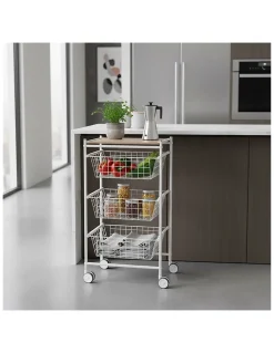 Desserte de cuisine AXO, 3 grands paniers coulissants, Blanc Hêtre