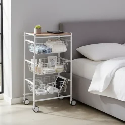 Desserte de cuisine AXO, 3 grands paniers coulissants, Blanc Hêtre