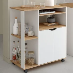 Desserte de cuisine COSI bois blanc et plateaux façon hêtre L.76 CM