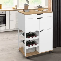 Desserte de cuisine COSY avec placard et range bouteilles bois et blanc