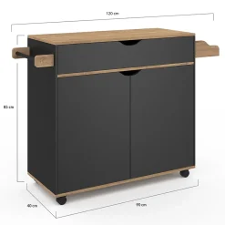 Desserte de cuisine COSY XXL placard avec tiroir noir et plateaux façon hêtre L.90 CM