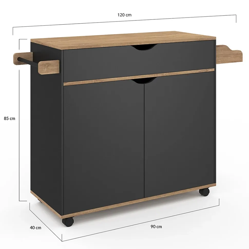 Desserte de cuisine COSY XXL placard avec tiroir noir et plateaux façon hêtre L.90 CM