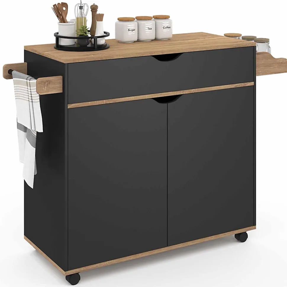 Desserte de cuisine COSY XXL placard avec tiroir noir et plateaux façon hêtre L.90 CM