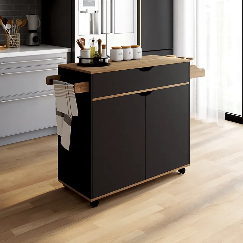 Desserte de cuisine COSY XXL placard avec tiroir noir et plateaux façon hêtre L.90 CM