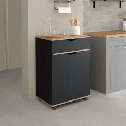 Desserte de cuisine COSY placard avec tiroir bois noir et plateaux façon hêtre L.60 CM