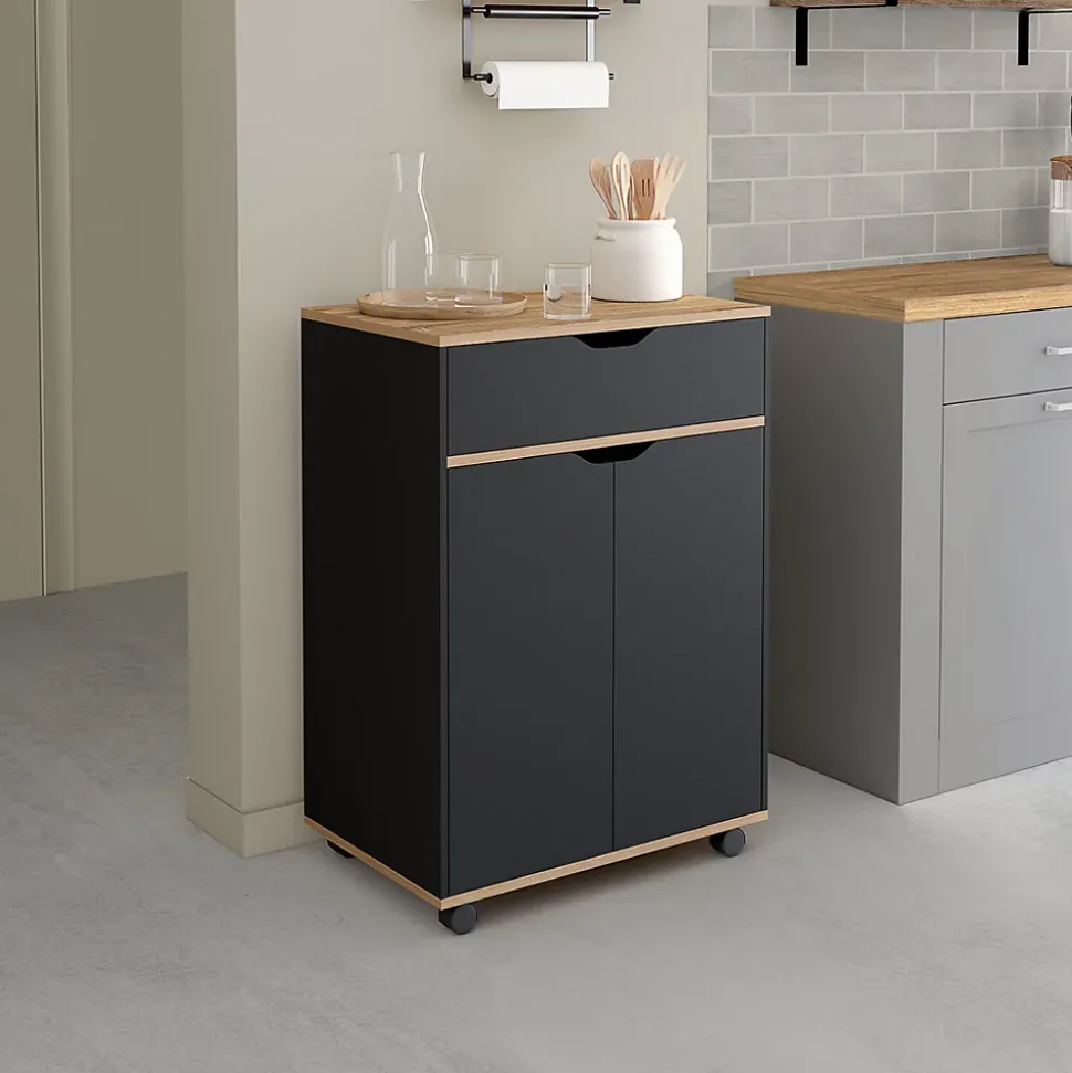 Desserte de cuisine COSY placard avec tiroir bois noir et plateaux façon hêtre L.60 CM