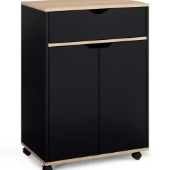 Desserte de cuisine COSY placard avec tiroir bois noir et plateaux façon hêtre L.60 CM