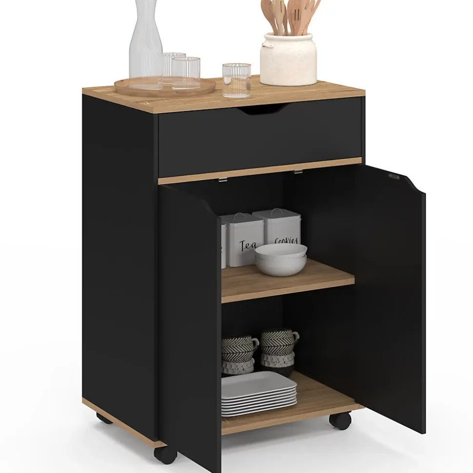 Desserte de cuisine COSY placard avec tiroir bois noir et plateaux façon hêtre L.60 CM