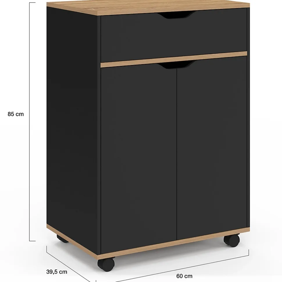 Desserte de cuisine COSY placard avec tiroir bois noir et plateaux façon hêtre L.60 CM