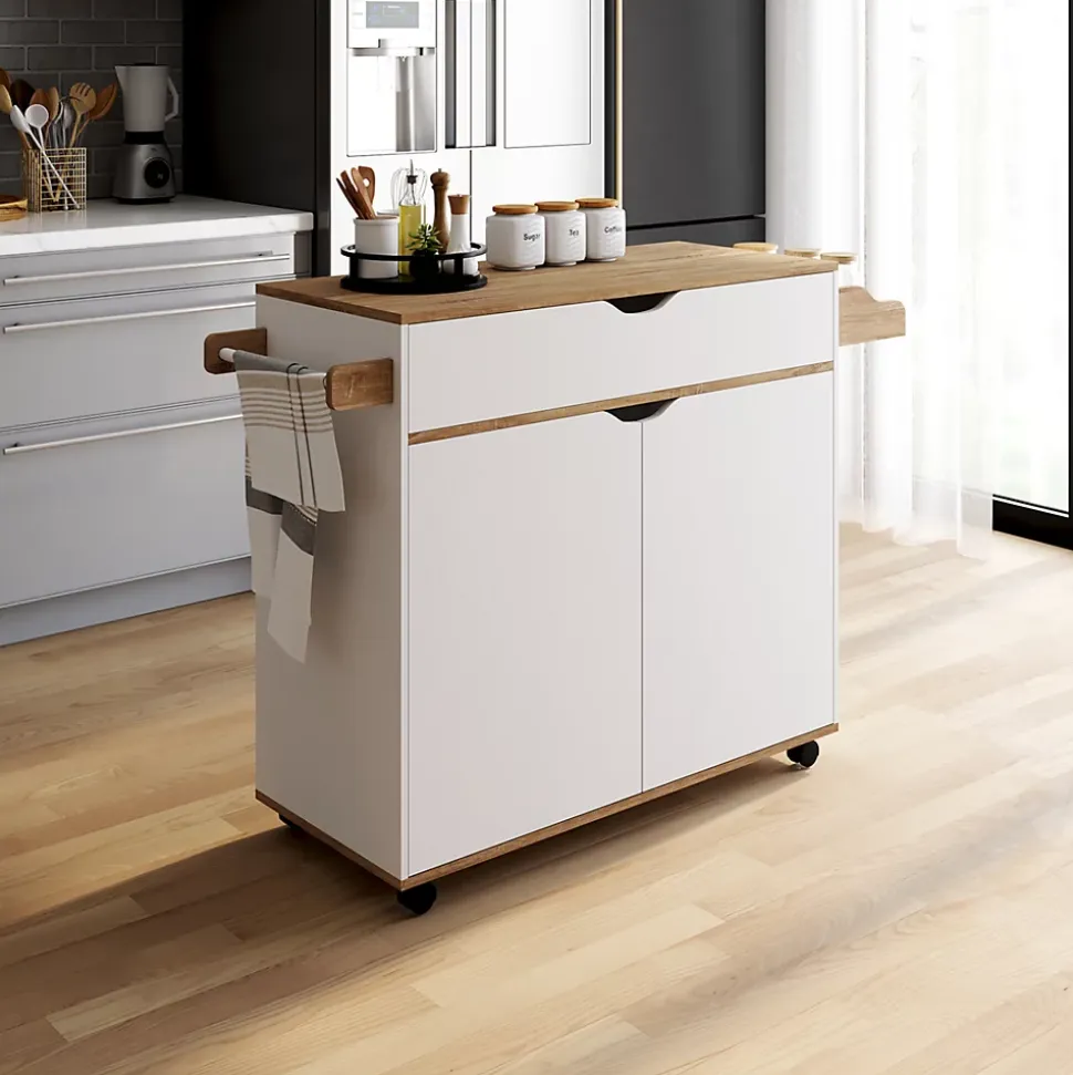 Desserte de cuisine COSY XXL placard avec tiroir blanc et plateaux façon hêtre L.90 CM