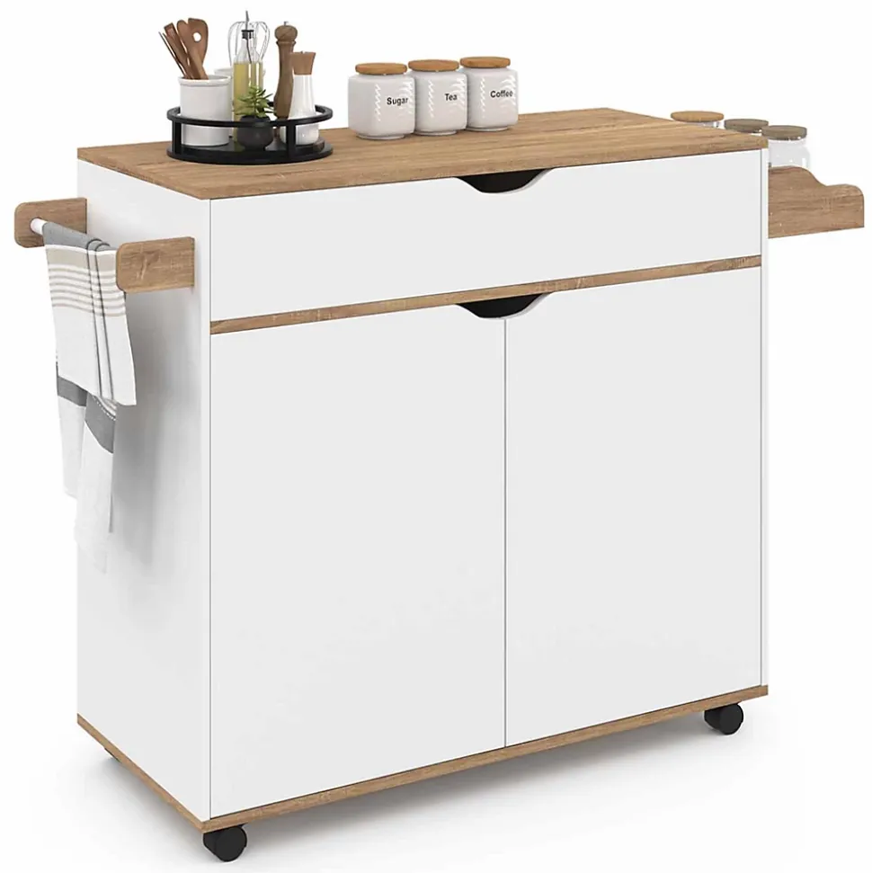 Desserte de cuisine COSY XXL placard avec tiroir blanc et plateaux façon hêtre L.90 CM