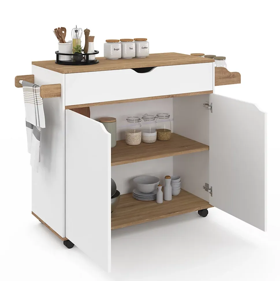 Desserte de cuisine COSY XXL placard avec tiroir blanc et plateaux façon hêtre L.90 CM